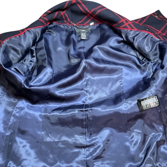H&M Wool Blend Plaid Navy and Red Funnel Neck Blazer Snap Closure Belt Loops 4 - Picture 7 of 11
